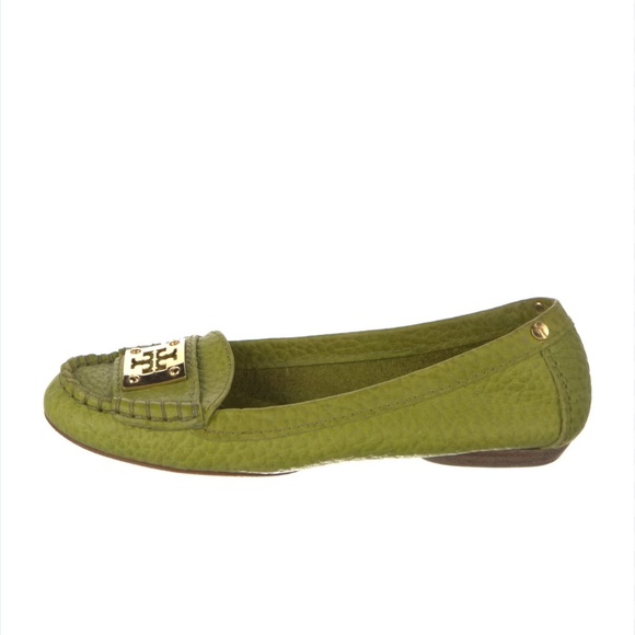 Tory Burch Shoes - Tory Burch Kendrick Green Pebbled Leather Loafers w Gold Tory Burch logo plate